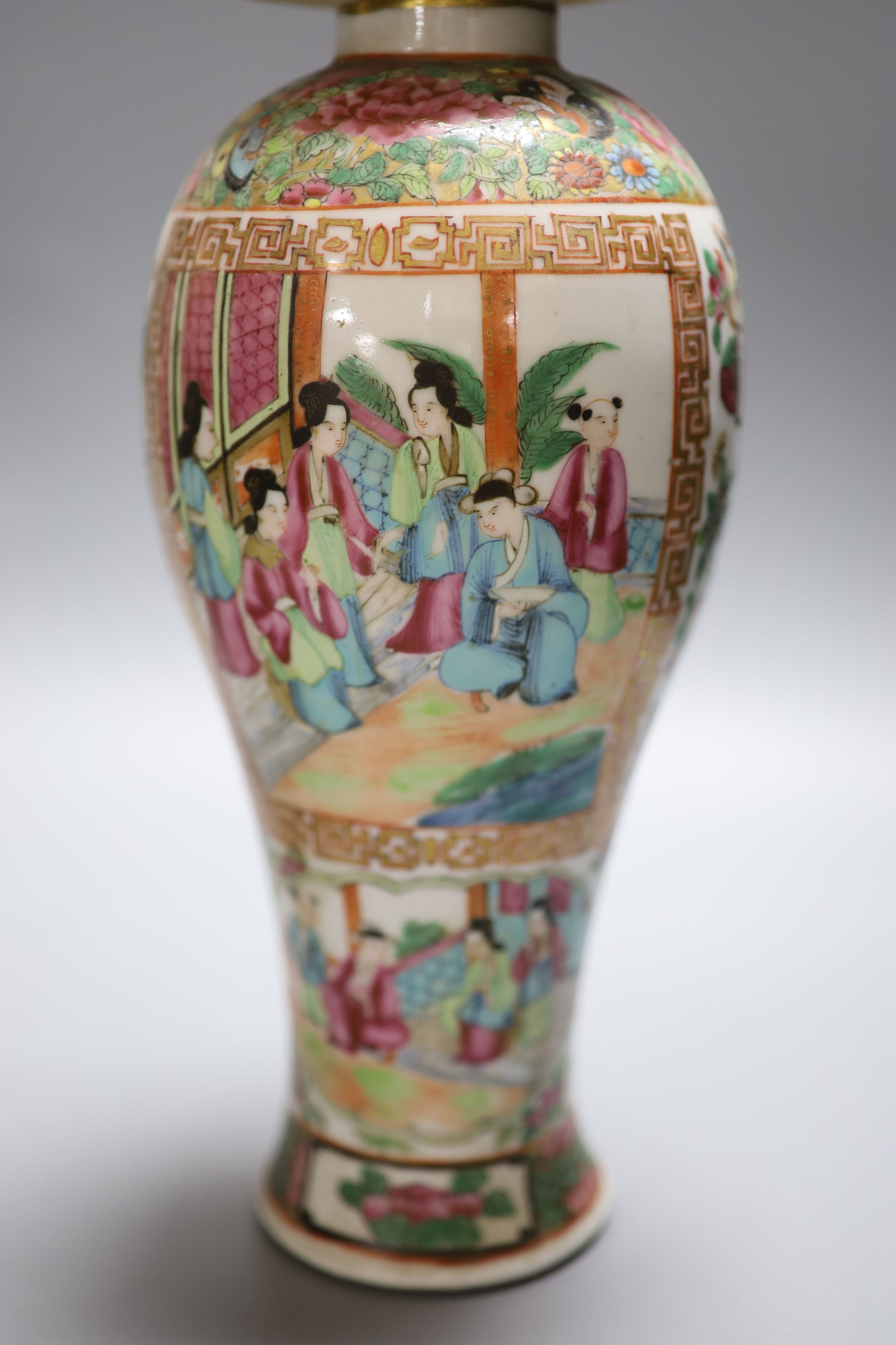 A pair of 19th century Chinese famille rose vases and associated covers, height excl. cover 28cm (a.f.)